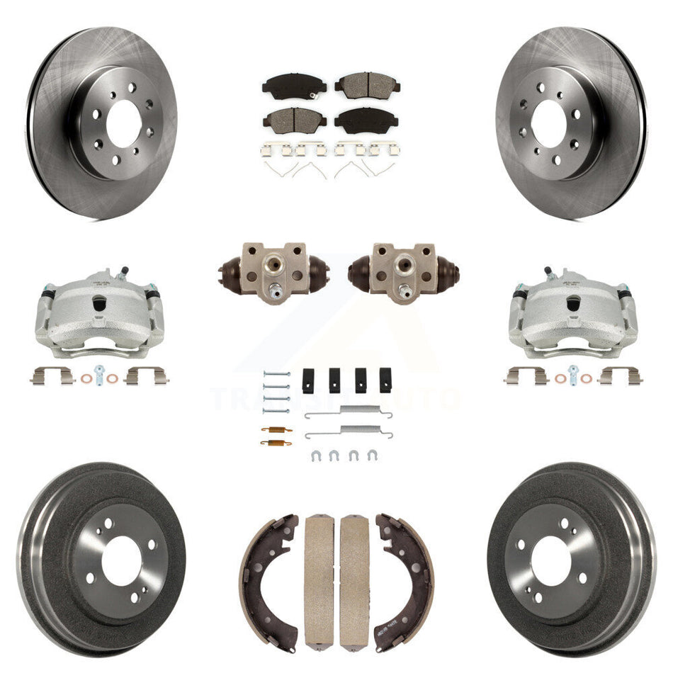 Front Rear Disc Brake Caliper Rotors Drums Semi-Metallic Pads Shoes Wheel Cylinders And Hardware Kit (11Pc) For Honda Civic With 4 Lug Wheels KC8-100859S