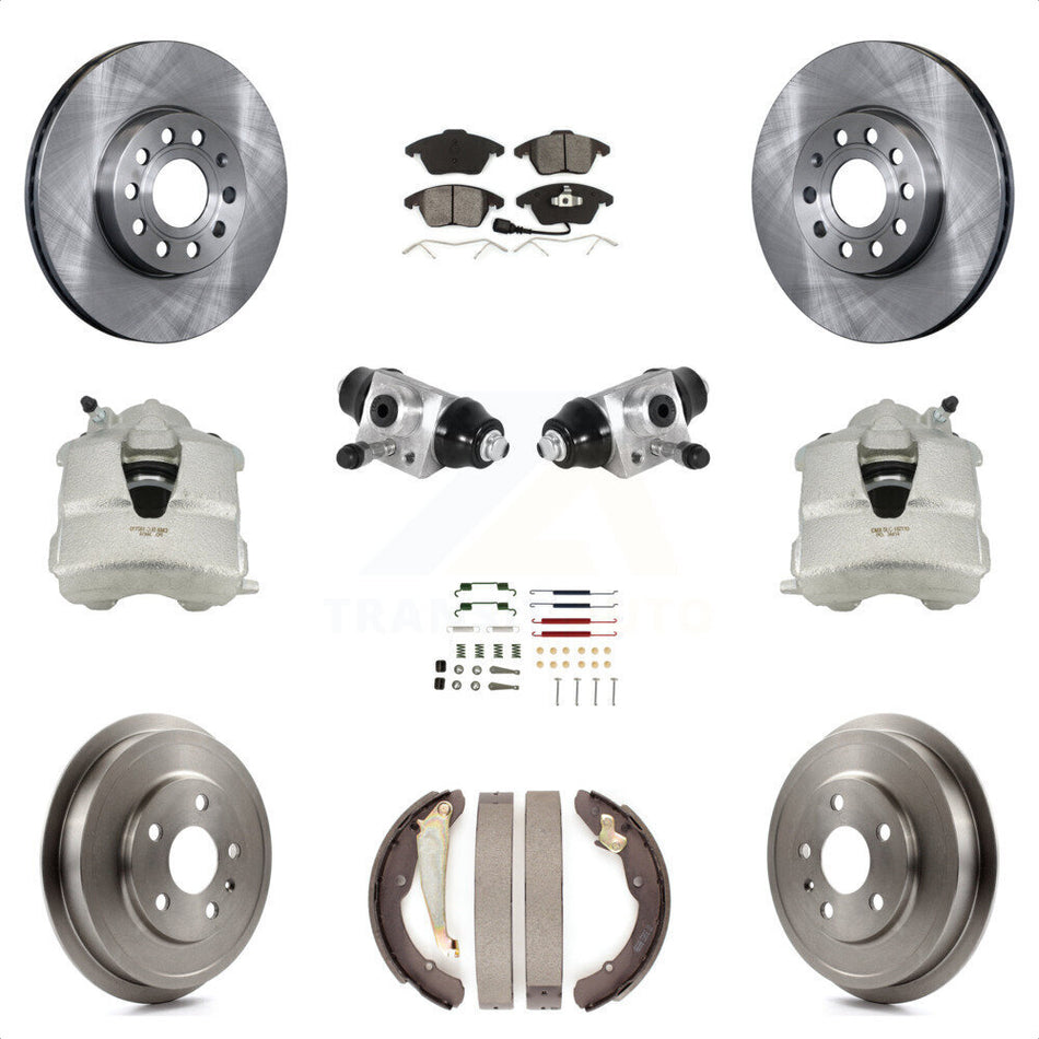 Front Rear Disc Brake Caliper Rotors Drums Semi-Metallic Pads Shoes Wheel Cylinders And Hardware Kit (11Pc) For Volkswagen Jetta With 288mm Diameter Rotor KC8-100864S by Transit Auto