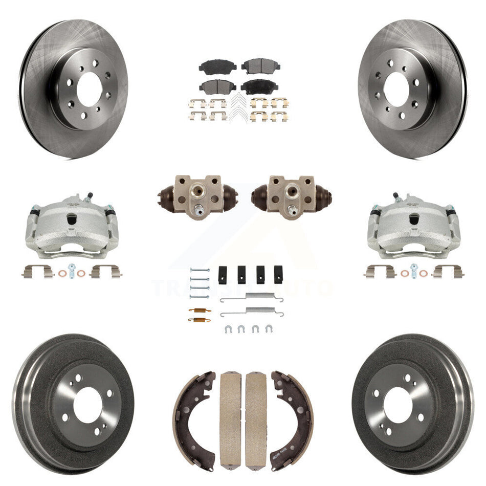 Front Rear Disc Brake Caliper Rotors Drums Semi-Metallic Pads Shoes Wheel Cylinders And Hardware Kit (11Pc) For Honda Civic With 4 Lug Wheels KC8-100875P
