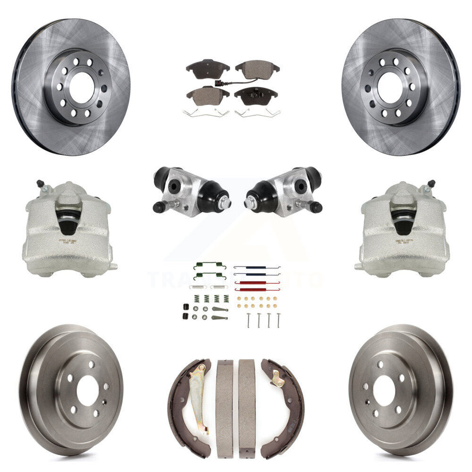 Front Rear Disc Brake Caliper Rotors Drums Semi-Metallic Pads Shoes Wheel Cylinders And Hardware Kit (11Pc) For Volkswagen Jetta With 288mm Diameter Rotor KC8-100883P