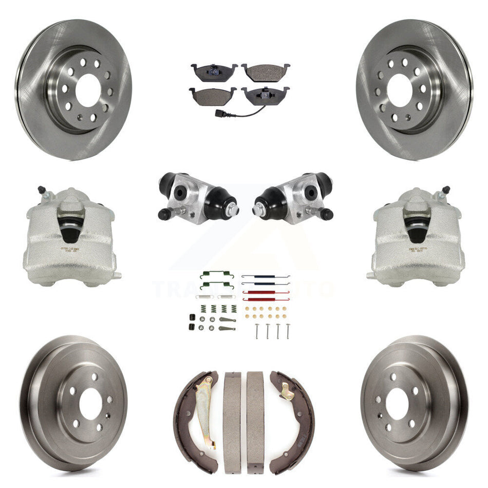 Front Rear Disc Brake Caliper Rotors Drums Ceramic Pads Shoes Wheel Cylinders And Hardware Kit (11Pc) For Volkswagen Jetta With 280mm Diameter Rotor KC8-100884T