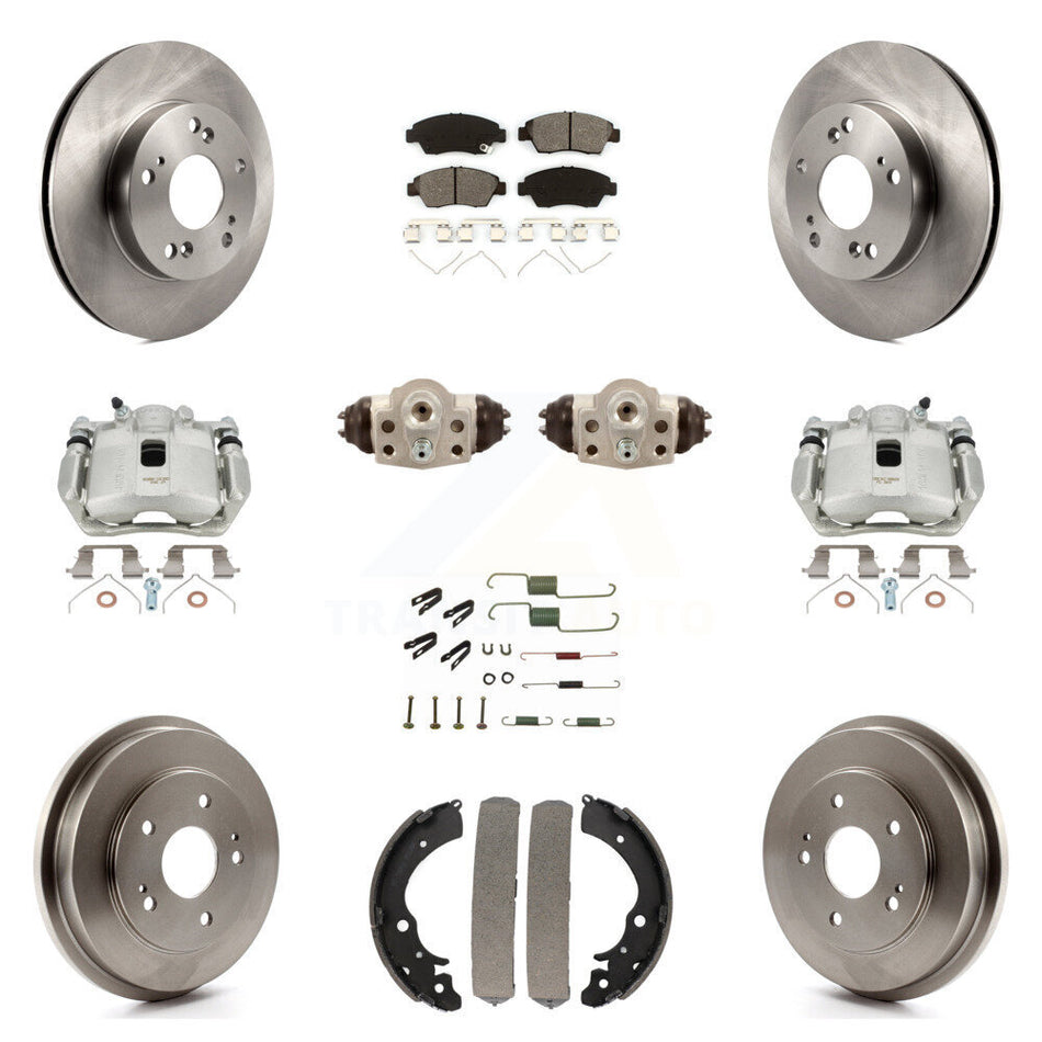 Front Rear Disc Brake Caliper Rotors Drums Semi-Metallic Pads Shoes Wheel Cylinders And Hardware Kit (11Pc) For Honda Civic KC8-100900S