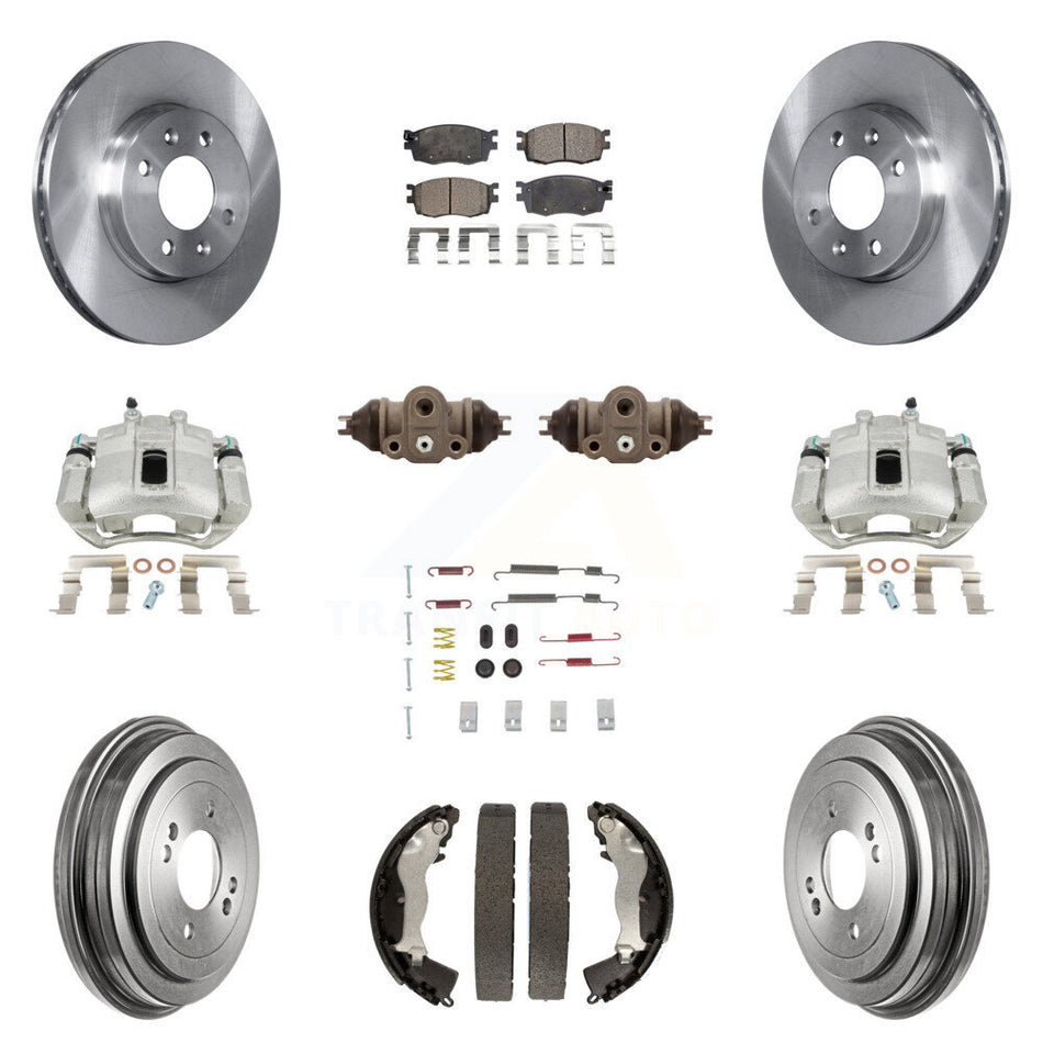 Front Rear Disc Brake Caliper Rotors Drums Semi-Metallic Pads Shoes Wheel Cylinders And Hardware Kit (11Pc) For Hyundai Accent Kia Rio Rio5 KC8-100903P