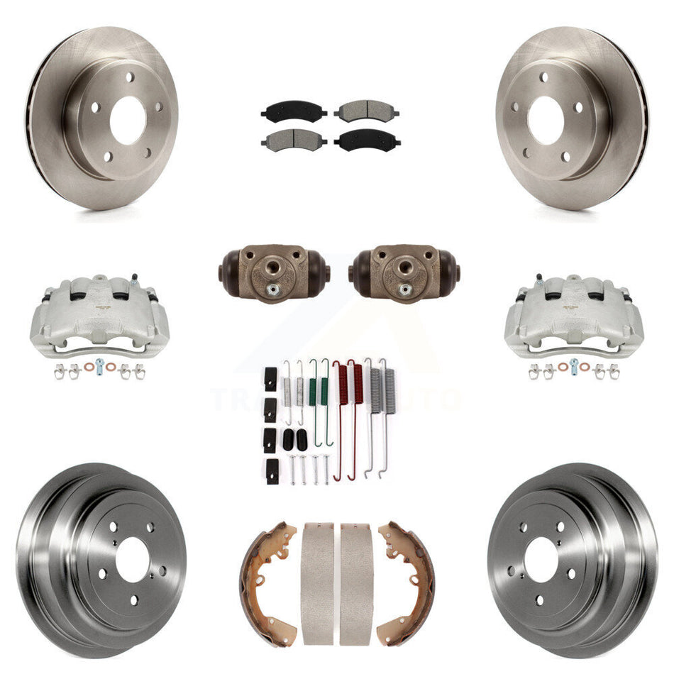 Front Rear Disc Brake Caliper Rotors Drums Semi-Metallic Pads Shoes Wheel Cylinders And Hardware Kit (11Pc) For Dodge Dakota Mitsubishi Raider KC8-100909S