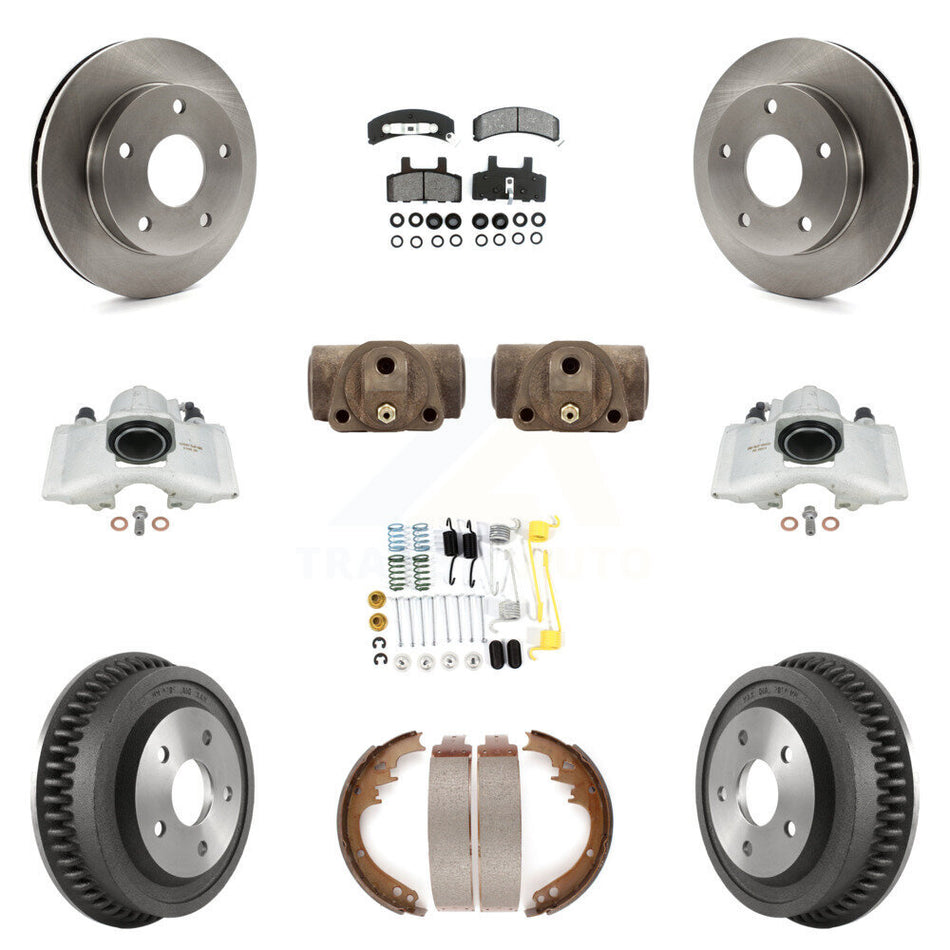 Front Rear Disc Brake Caliper Rotors Drums Semi-Metallic Pads Shoes Wheel Cylinders And Hardware Kit (11Pc) For 1994-1999 Dodge Ram 1500 4WD KC8-100914S