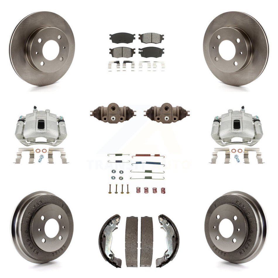 Front Rear Disc Brake Caliper Rotors Drums Semi-Metallic Pads Shoes Wheel Cylinders And Hardware Kit (11Pc) For 2006 Hyundai Accent Hatchback To 09 30 05 KC8-100919S