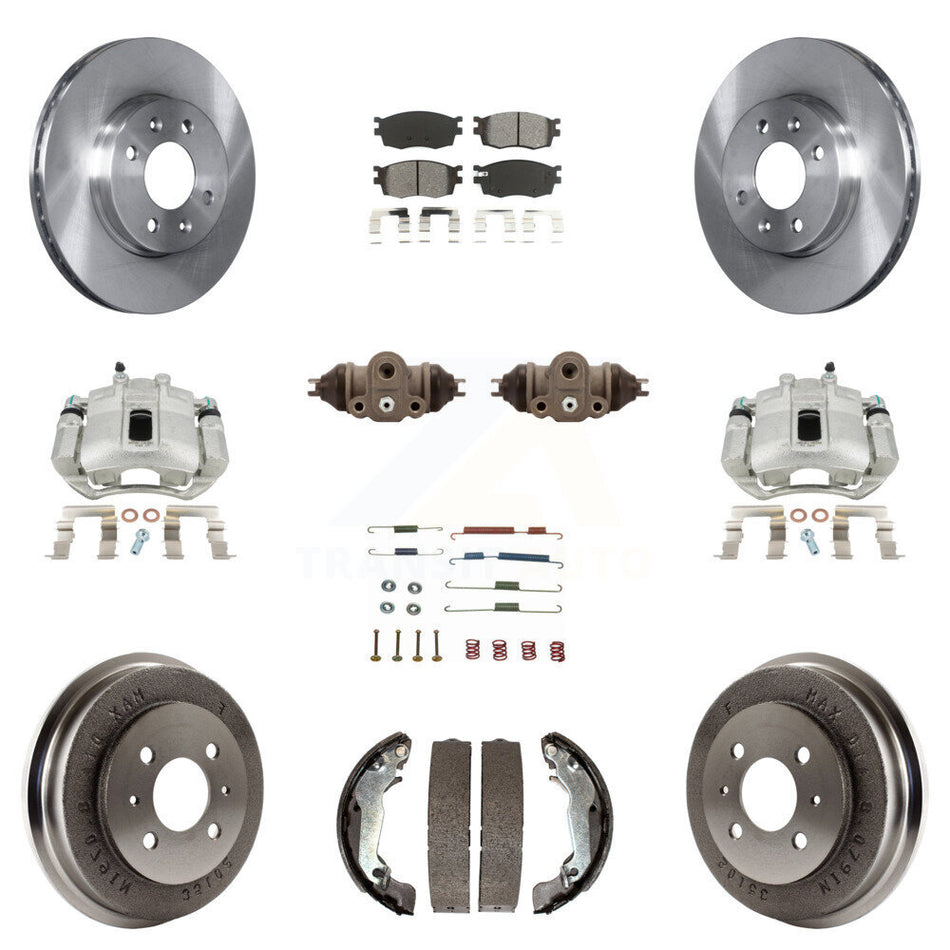 Front Rear Disc Brake Caliper Rotors Drums Semi-Metallic Pads Shoes Wheel Cylinders And Hardware Kit (11Pc) For 2006 Hyundai Accent Sedan To 09 30 05 KC8-100920S
