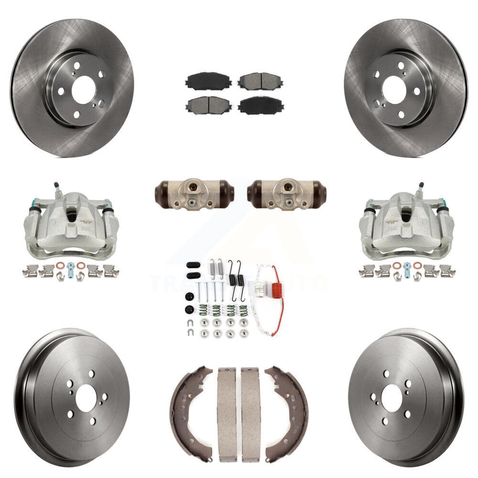 Front Rear Disc Brake Caliper Rotors Drums Semi-Metallic Pads Shoes Wheel Cylinders And Hardware Kit (11Pc) For 2009-2013 Toyota Corolla KC8-100923S