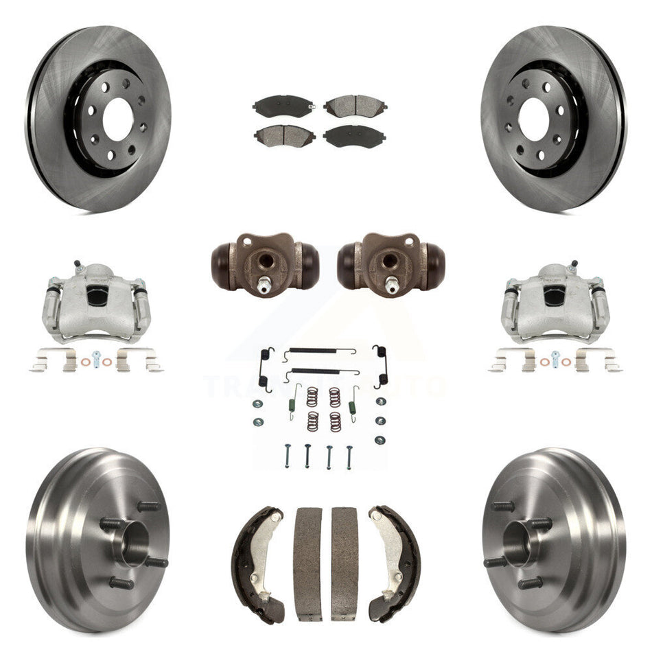 Front Rear Disc Brake Caliper Rotors Drums Semi-Metallic Pads Shoes Wheel Cylinders And Hardware Kit (11Pc) For Chevrolet Aveo Aveo5 Pontiac G3 Wave Wave5 With Hub Assembly KC8-100925S
