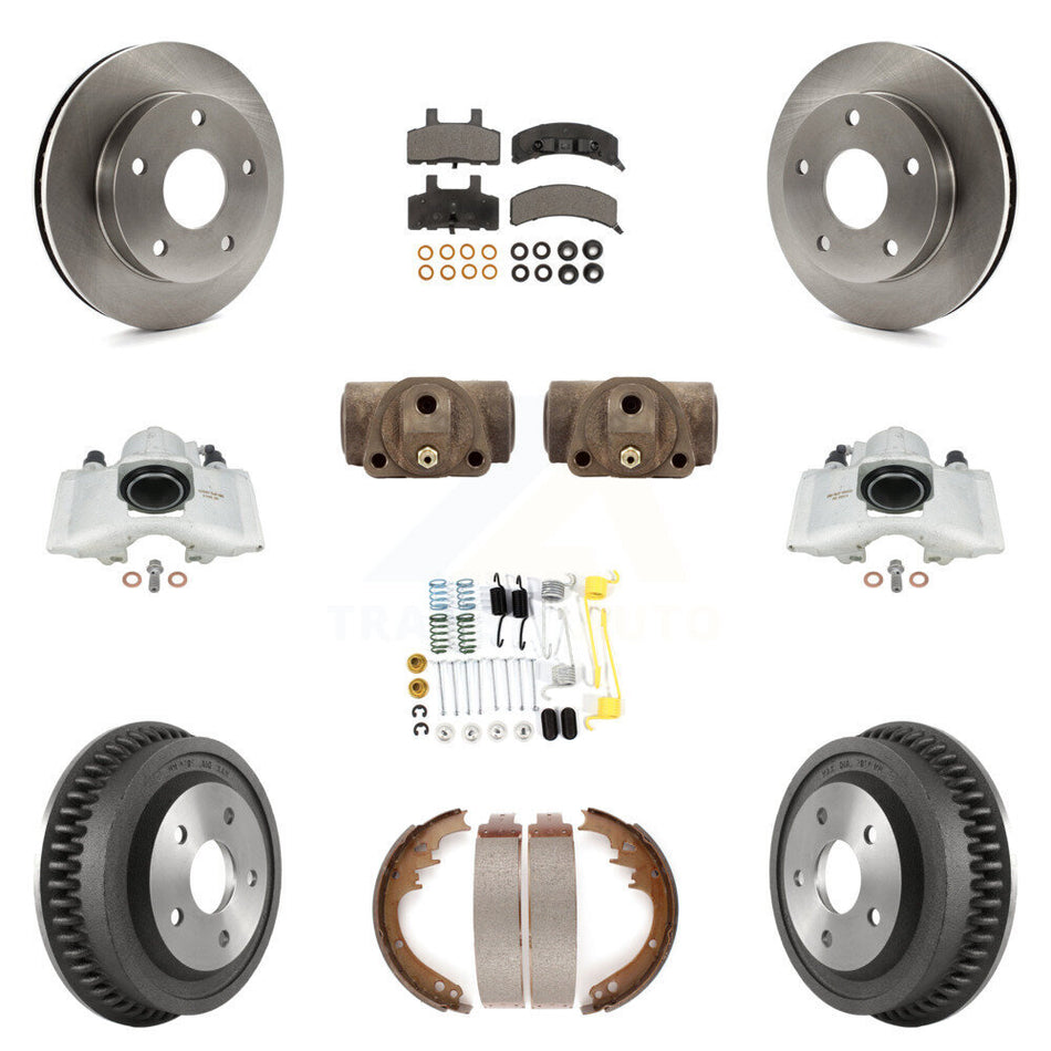 Front Rear Disc Brake Caliper Rotors Drums Semi-Metallic Pads Shoes Wheel Cylinders And Hardware Kit (11Pc) For 1994-1999 Dodge Ram 1500 4WD KC8-100929P