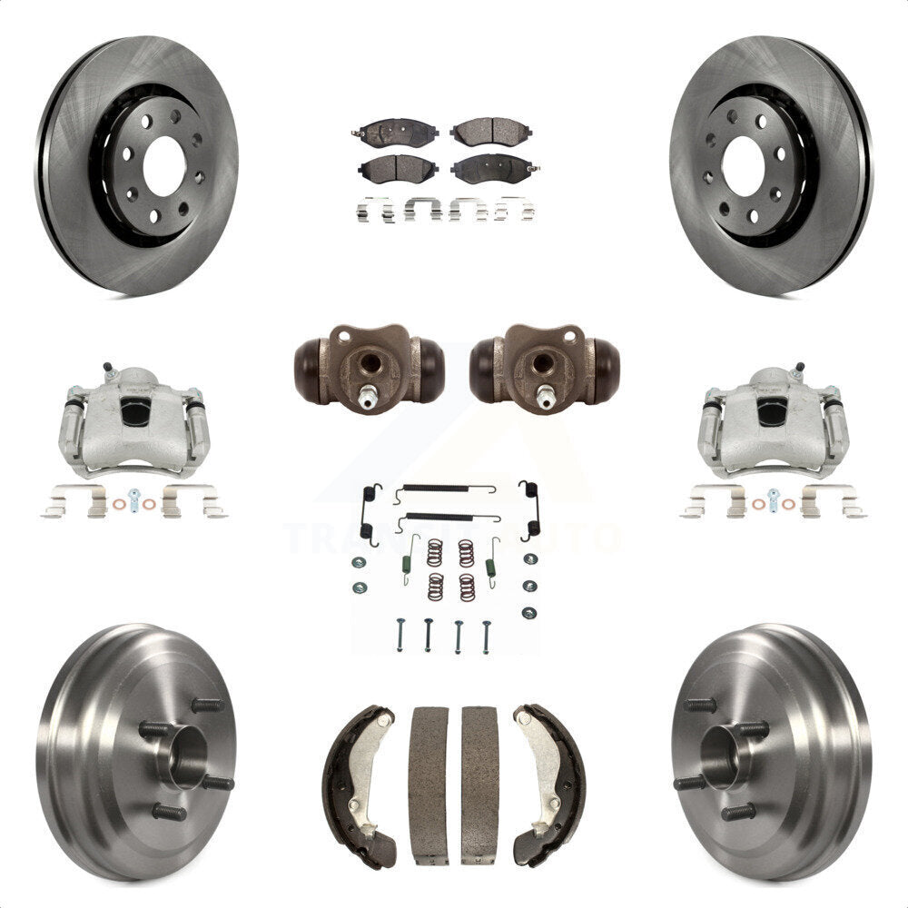 Front Rear Disc Brake Caliper Rotors Drums Ceramic Pads Shoes Wheel Cylinders And Hardware Kit (11Pc) For Chevrolet Aveo Aveo5 Pontiac G3 Wave Wave5 With Hub Assembly KC8-100941T by Transit Auto