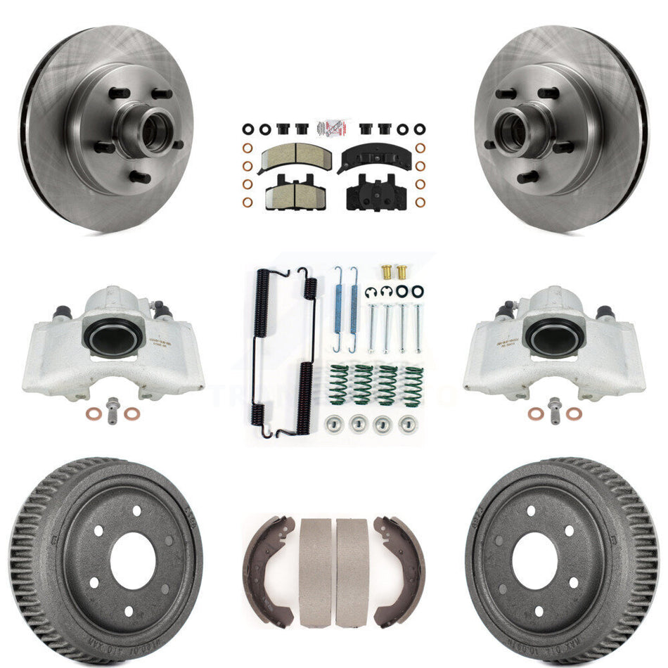 Front Rear Disc Brake Caliper Rotors Drums Semi-Metallic Pads Shoes And Hardware Kit (9Pc) For GMC Yukon With 10" Diameter Drum KC8-101405N