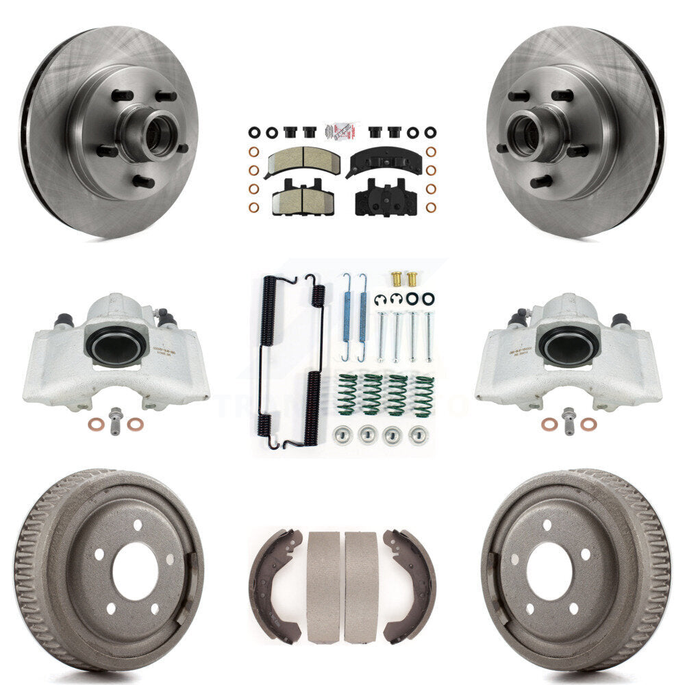 Front Rear Disc Brake Caliper Rotors Drums Semi-Metallic Pads Shoes And Hardware Kit (9Pc) For GMC Yukon With 10" Diameter Drum KC8-101407N by Transit Auto