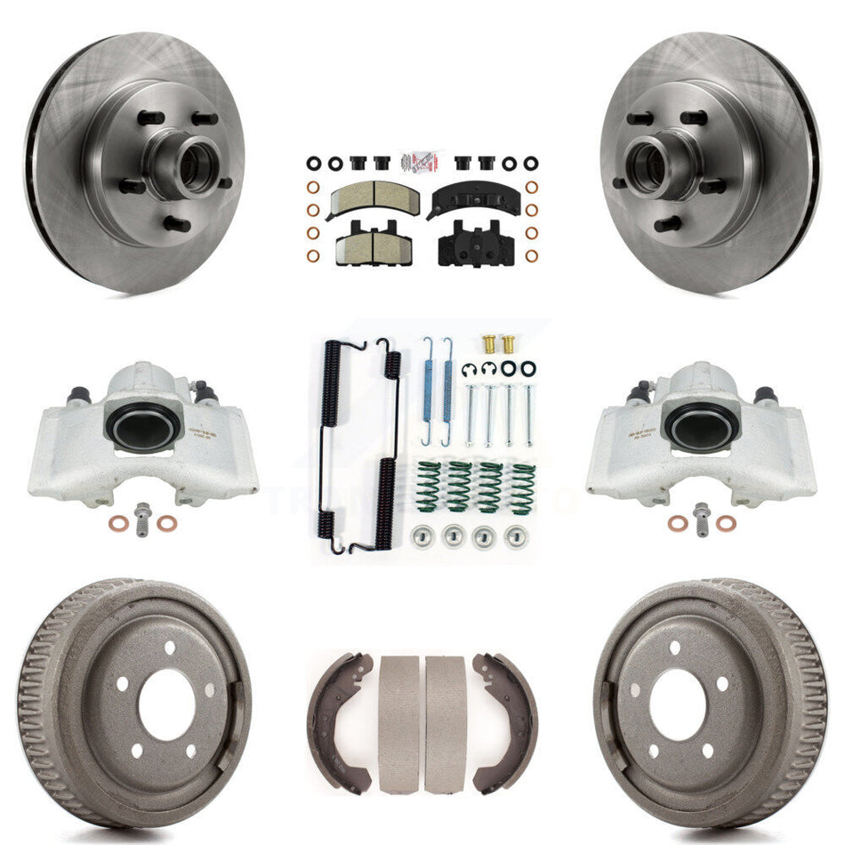 Front Rear Disc Brake Caliper Rotors Drums Semi-Metallic Pads Shoes And Hardware Kit (9Pc) For GMC Yukon With 10" Diameter Drum KC8-101407N