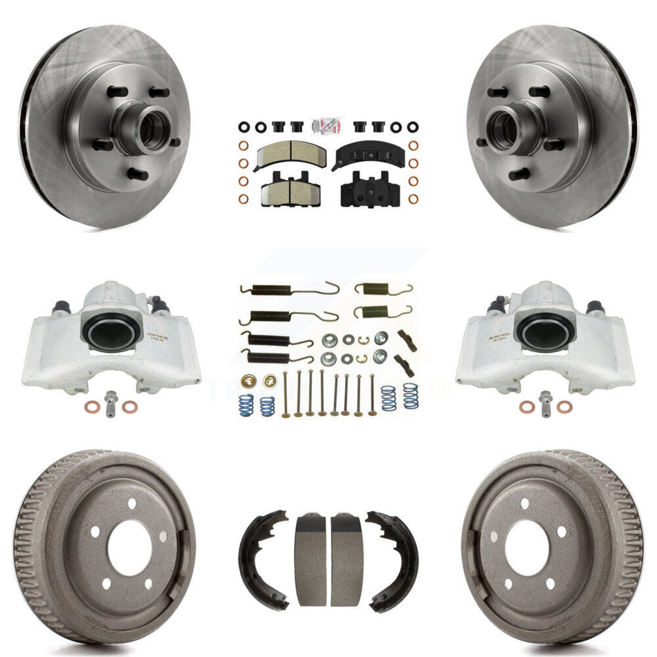 Front Rear Disc Brake Caliper Rotors Drums Semi-Metallic Pads Shoes And Hardware Kit (9Pc) For 1995-1997 GMC Yukon RWD with GAS engine With 11" Diameter Drum KC8-101409N
