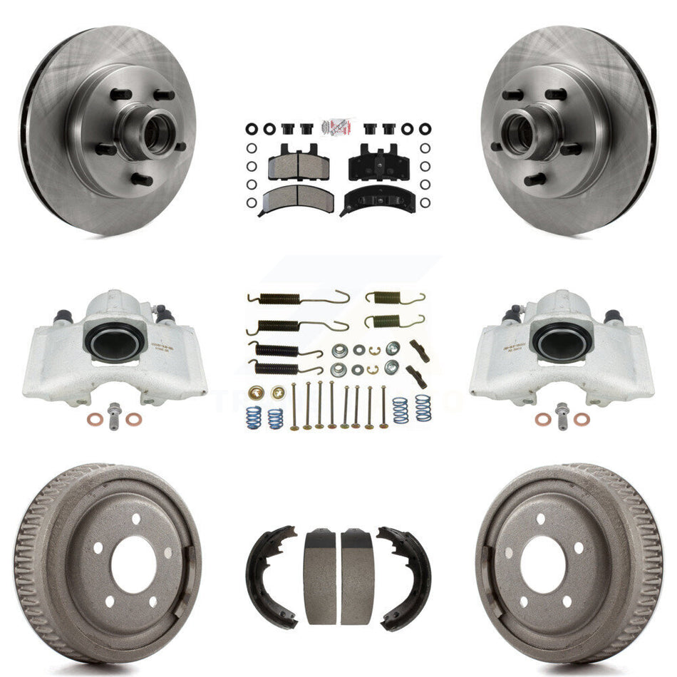 Front Rear Disc Brake Caliper Rotors Drums Semi-Metallic Pads Shoes And Hardware Kit (9Pc) For 1995-1997 GMC Yukon RWD with GAS engine With 11" Diameter Drum KC8-101410N