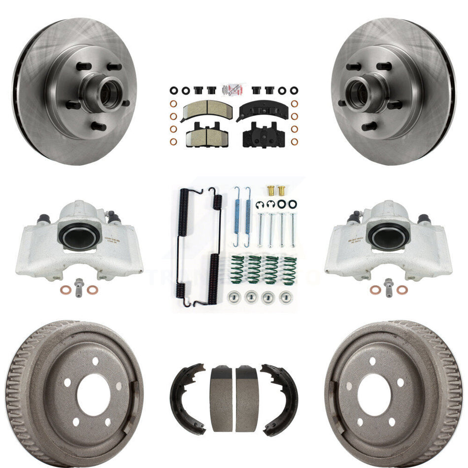 Front Rear Disc Brake Caliper Rotors Drums Semi-Metallic Pads Shoes And Hardware Kit (9Pc) For 1997-1998 Chevrolet C1500 Suburban GAS engine With 10" Diameter Drum KC8-101417N