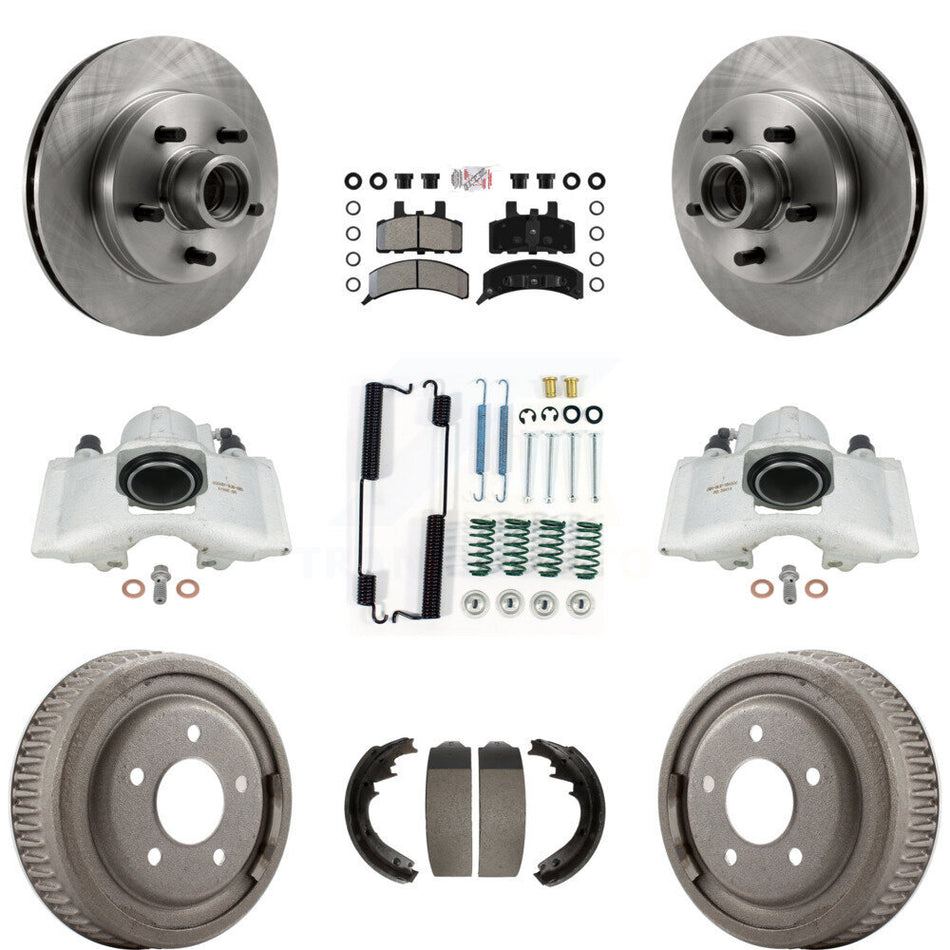 Front Rear Disc Brake Caliper Rotors Drums Semi-Metallic Pads Shoes And Hardware Kit (9Pc) For 1997-1998 Chevrolet C1500 Suburban GAS engine With 10" Diameter Drum KC8-101418N