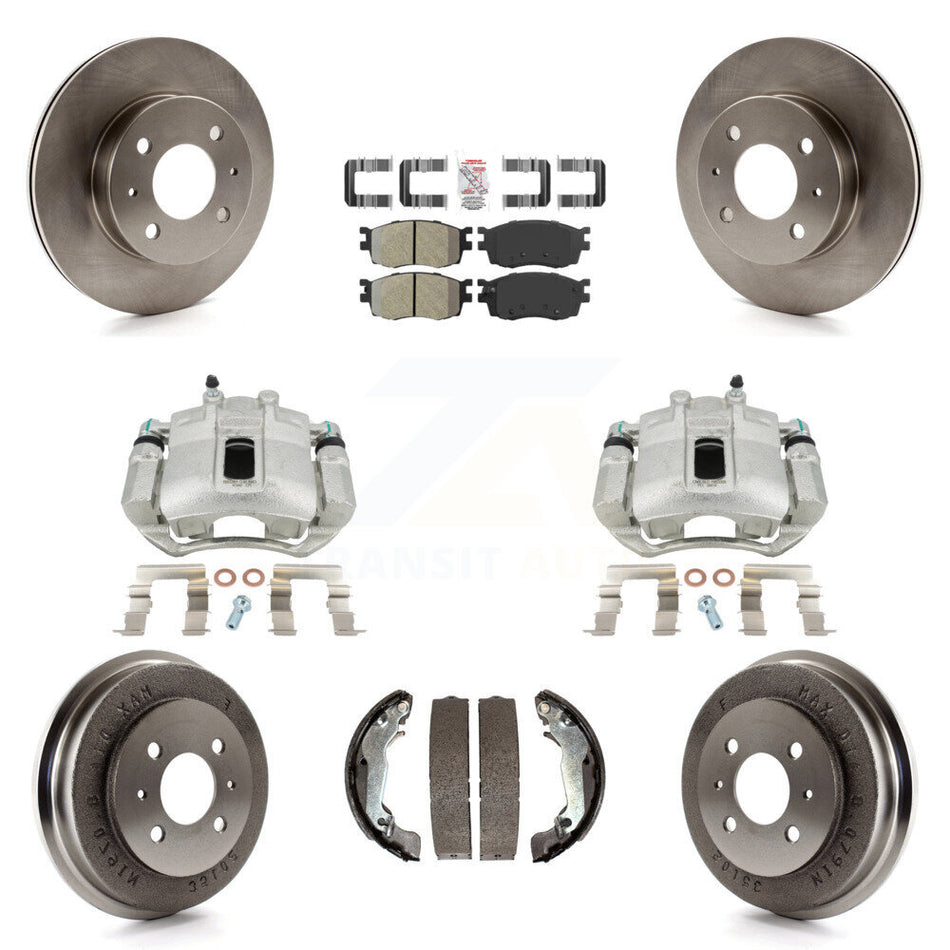 Front Rear Disc Brake Caliper Rotors Drums Semi-Metallic Pads Kit (8Pc) For 2006 Hyundai Accent Hatchback To 09 30 05 KC8-101504N