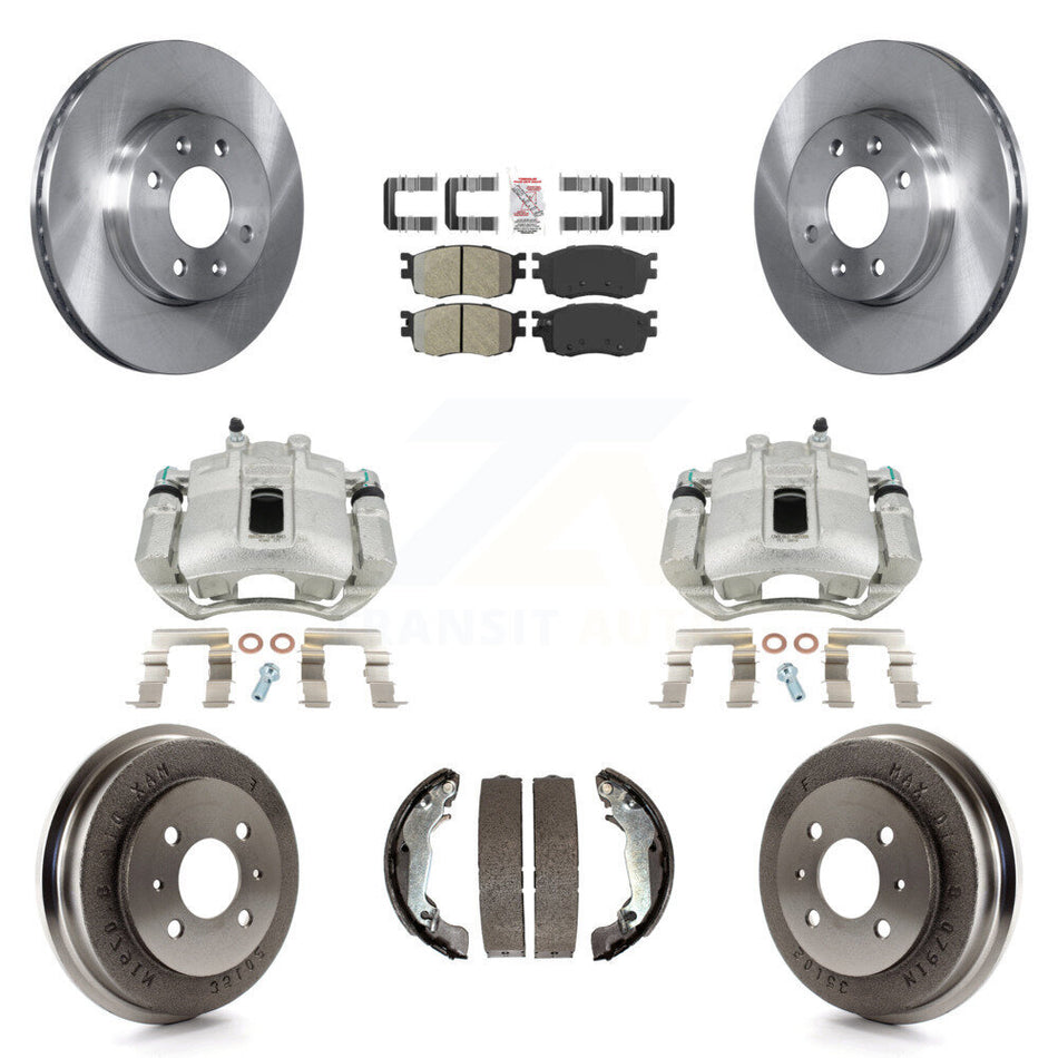 Front Rear Disc Brake Caliper Rotors Drums Semi-Metallic Pads Kit (8Pc) For 2006 Hyundai Accent Sedan To 09 30 05 KC8-101505N