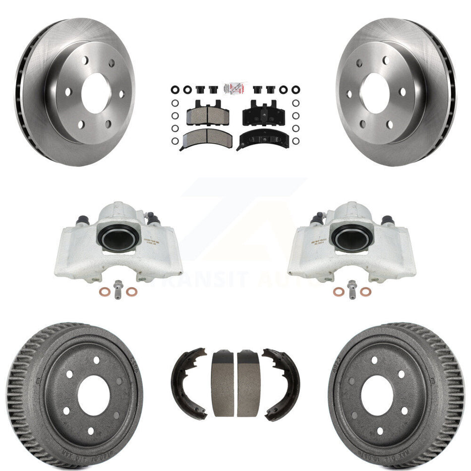 Front Rear Disc Brake Caliper Rotors Drums Semi-Metallic Pads Kit (8Pc) For 1995-1997 GMC Yukon 2 doors with 4WD GAS engine With 11" Diameter Drum KC8-101559N