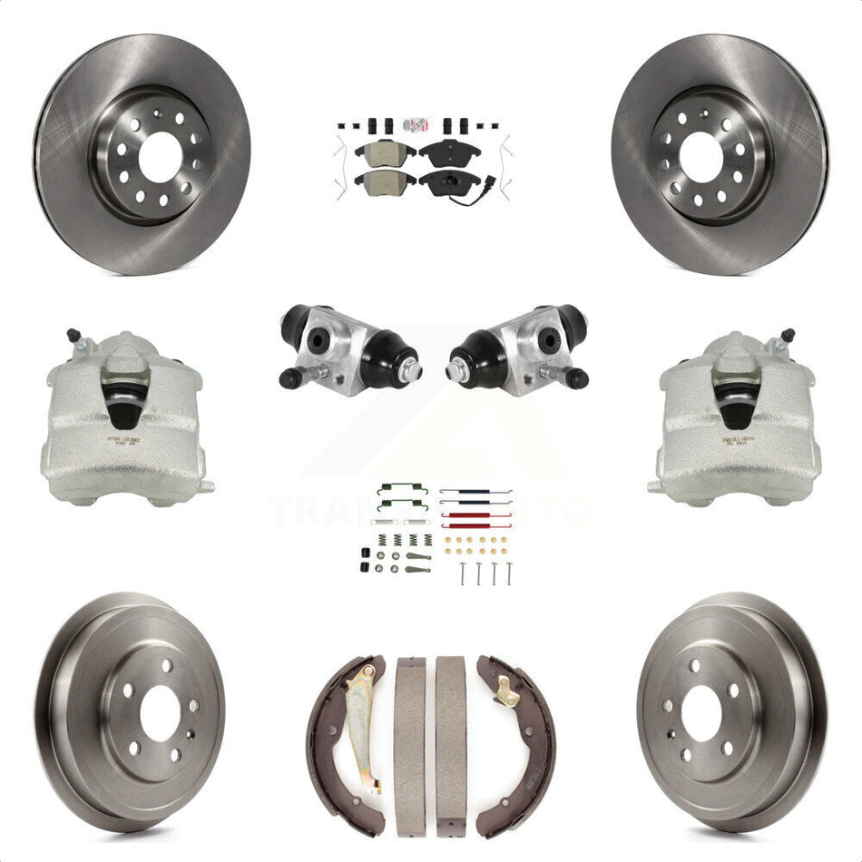 Front Rear Disc Brake Caliper Rotors Drums Semi-Metallic Pads Shoes Wheel Cylinders And Hardware Kit (11Pc) For Volkswagen Jetta With 312mm Diameter Rotor KC8-101622N by Transit Auto