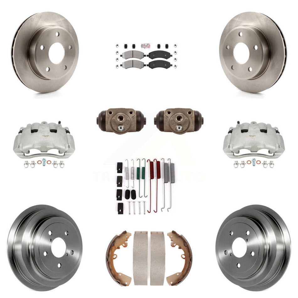 Front Rear Disc Brake Caliper Rotors Drums Semi-Metallic Pads Shoes Wheel Cylinders And Hardware Kit (11Pc) For Dodge Dakota Mitsubishi Raider KC8-101709N