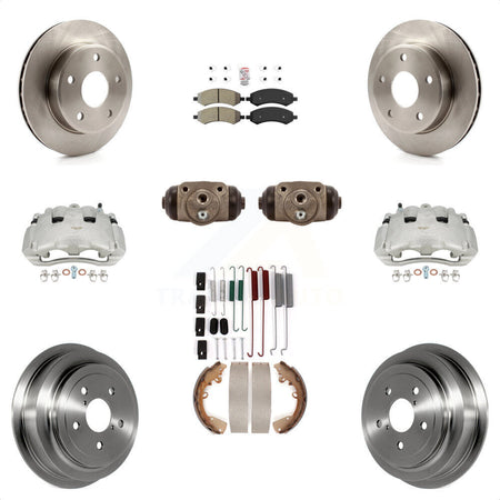 Front Rear Disc Brake Caliper Rotors Drums Semi-Metallic Pads Shoes Wheel Cylinders And Hardware Kit (11Pc) For Dodge Dakota Mitsubishi Raider KC8-101711N by Transit Auto