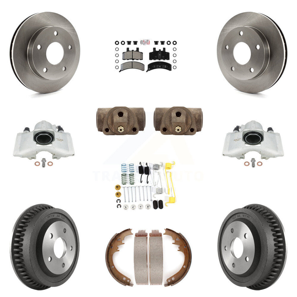 Front Rear Disc Brake Caliper Rotors Drums Semi-Metallic Pads Shoes Wheel Cylinders And Hardware Kit (11Pc) For 1994-1999 Dodge Ram 1500 4WD KC8-101722N