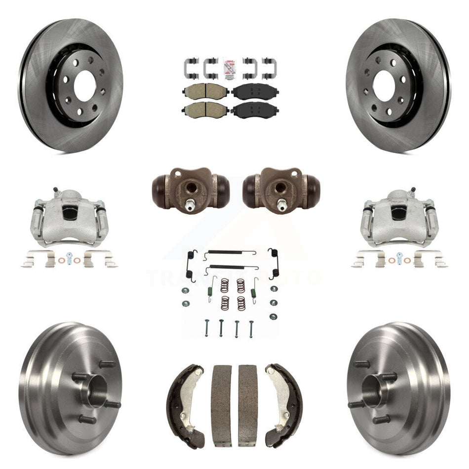 Front Rear Disc Brake Caliper Rotors Drums Semi-Metallic Pads Shoes Wheel Cylinders And Hardware Kit (11Pc) For Chevrolet Aveo Aveo5 Pontiac G3 Wave Wave5 With Hub Assembly KC8-101737N