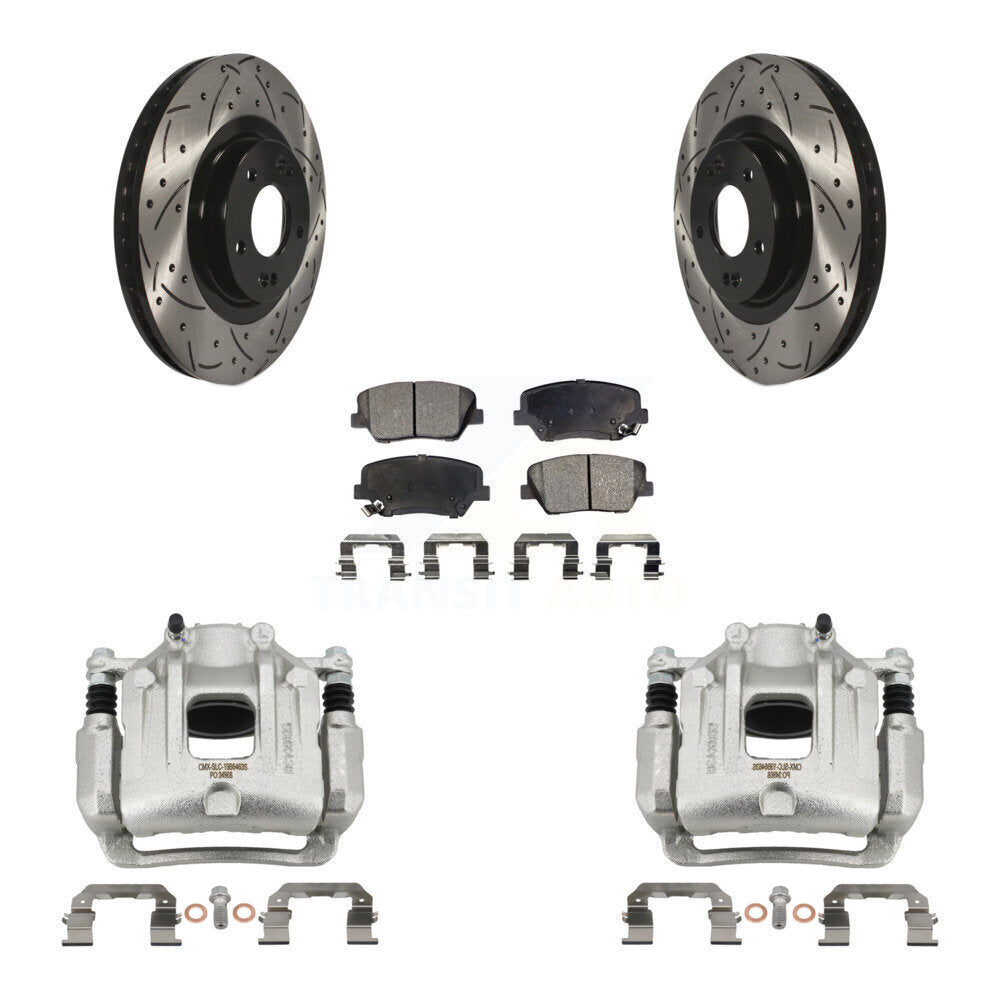 Front Brake Caliper Drill Slotted Rotor Semi-Metallic Pad Kit For Hyundai Santa Fe Sport KCD-100003P