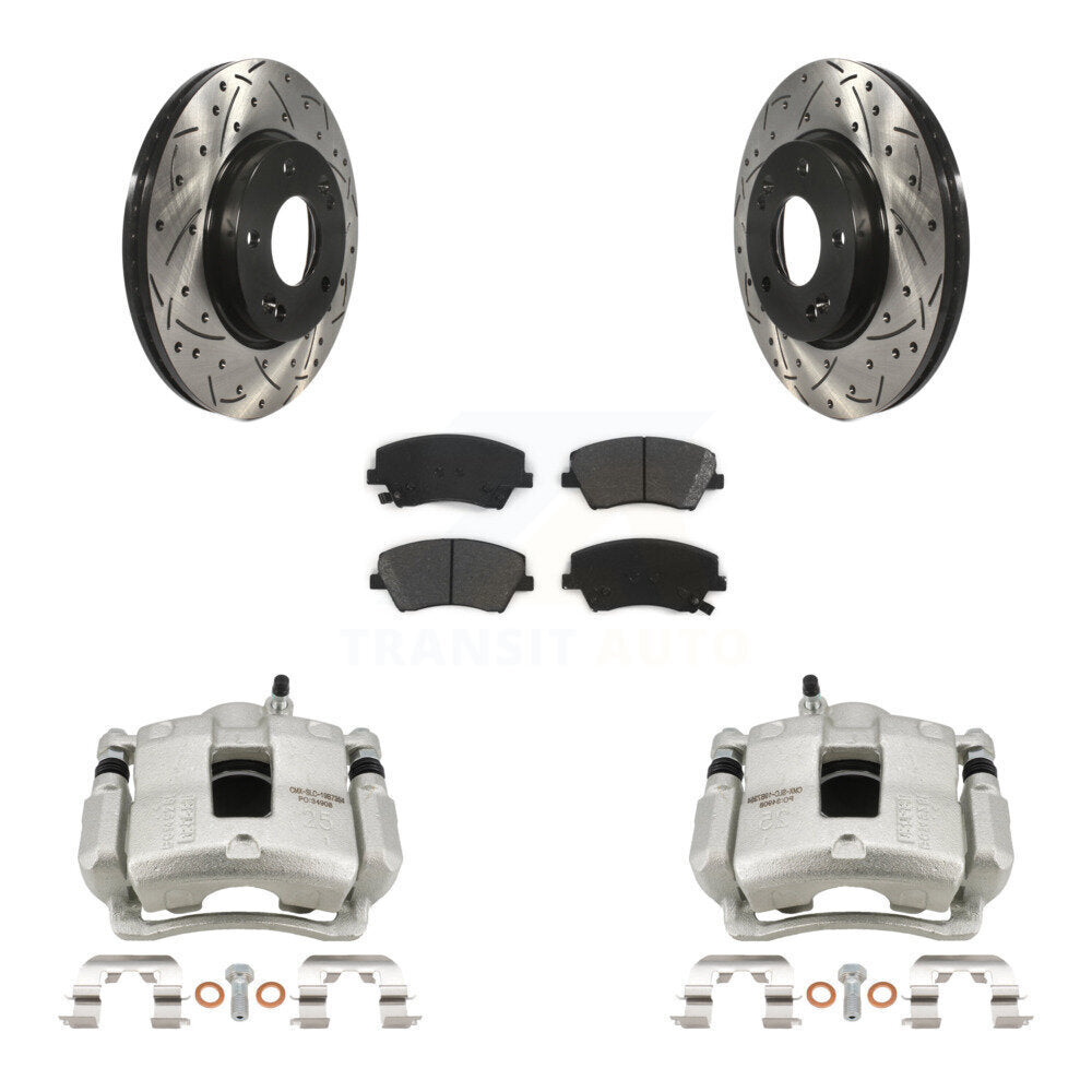 Front Brake Coated Caliper Drill Slotted Rotor Semi-Metallic Pad Kit For Hyundai Elantra KCD-100004S