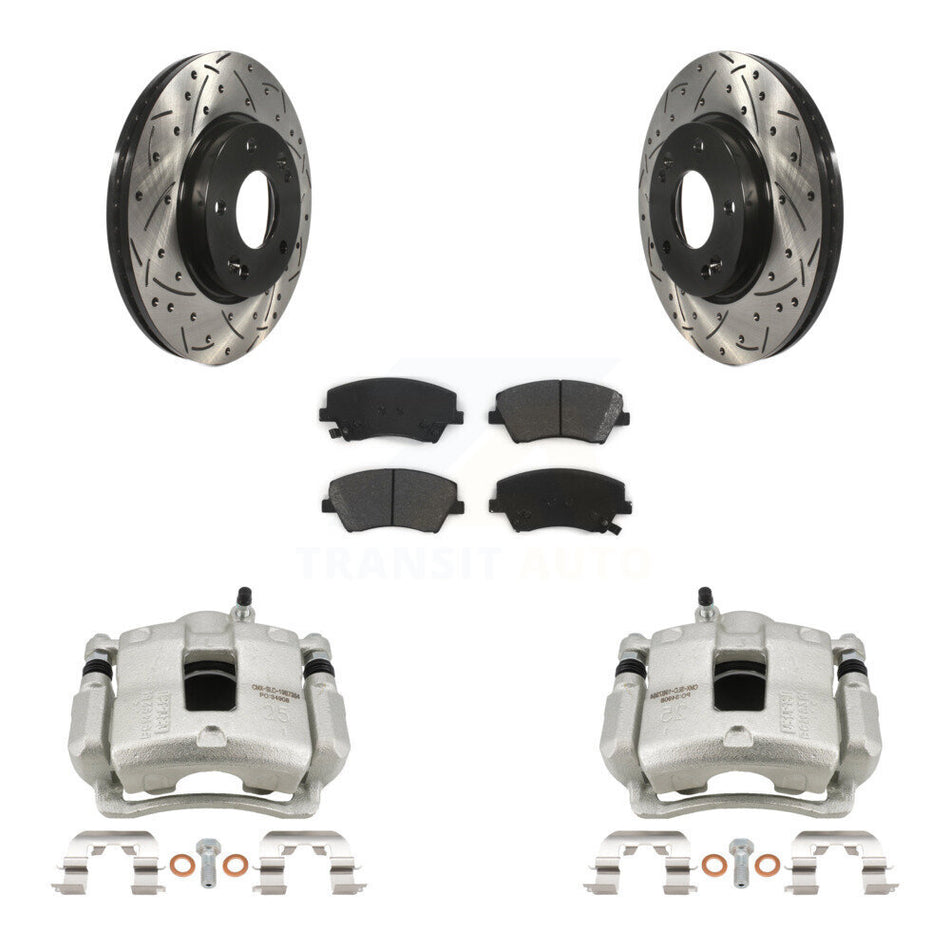 Front Brake Coated Caliper Drill Slotted Rotor Semi-Metallic Pad Kit For Hyundai Elantra KCD-100004S