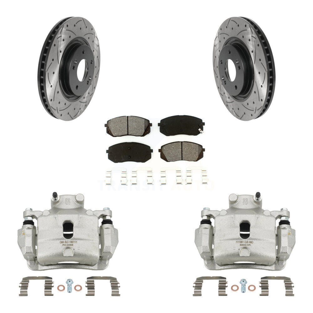 Front Brake Coated Caliper Drill Slotted Rotors Semi-Metallic Pad Kit For Hyundai Sonata KCD-100010S