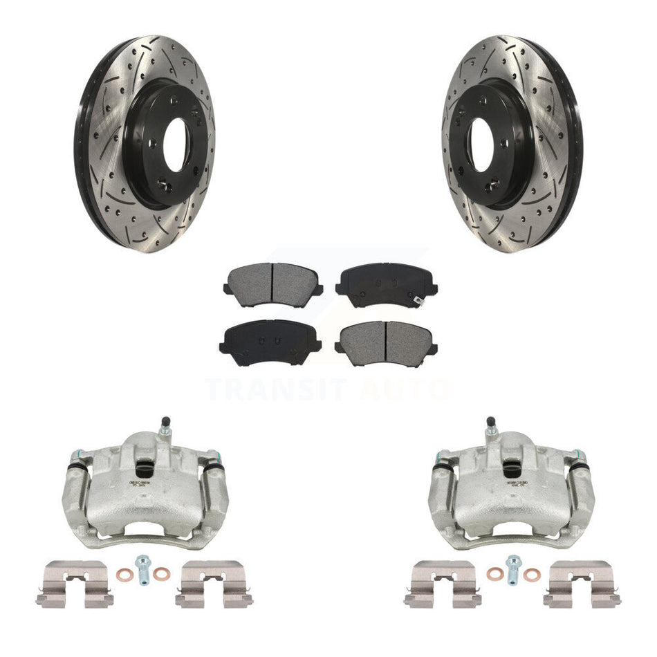 Front Brake Caliper Drill Slot Rotor Semi-Metallic Pad Kit For Kia Forte Hyundai Elantra KCD-100012S