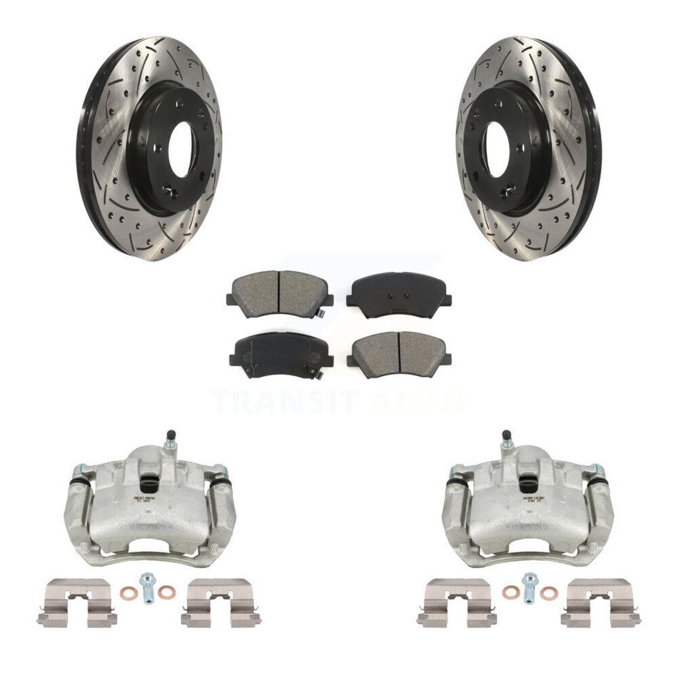 Front Brake Caliper Drill Slotted Rotor Semi-Metallic Pad Kit For Hyundai Elantra GT Kia KCD-100013S