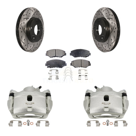 Front Brake Caliper Drill Slotted Rotor Semi-Metallic Pad Kit For Honda Civic Accord Fit KCD-100014P