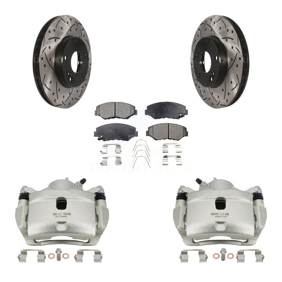 Front Brake Caliper Drill Slotted Rotor Semi-Metallic Pad Kit For Honda Civic Accord Fit KCD-100014P