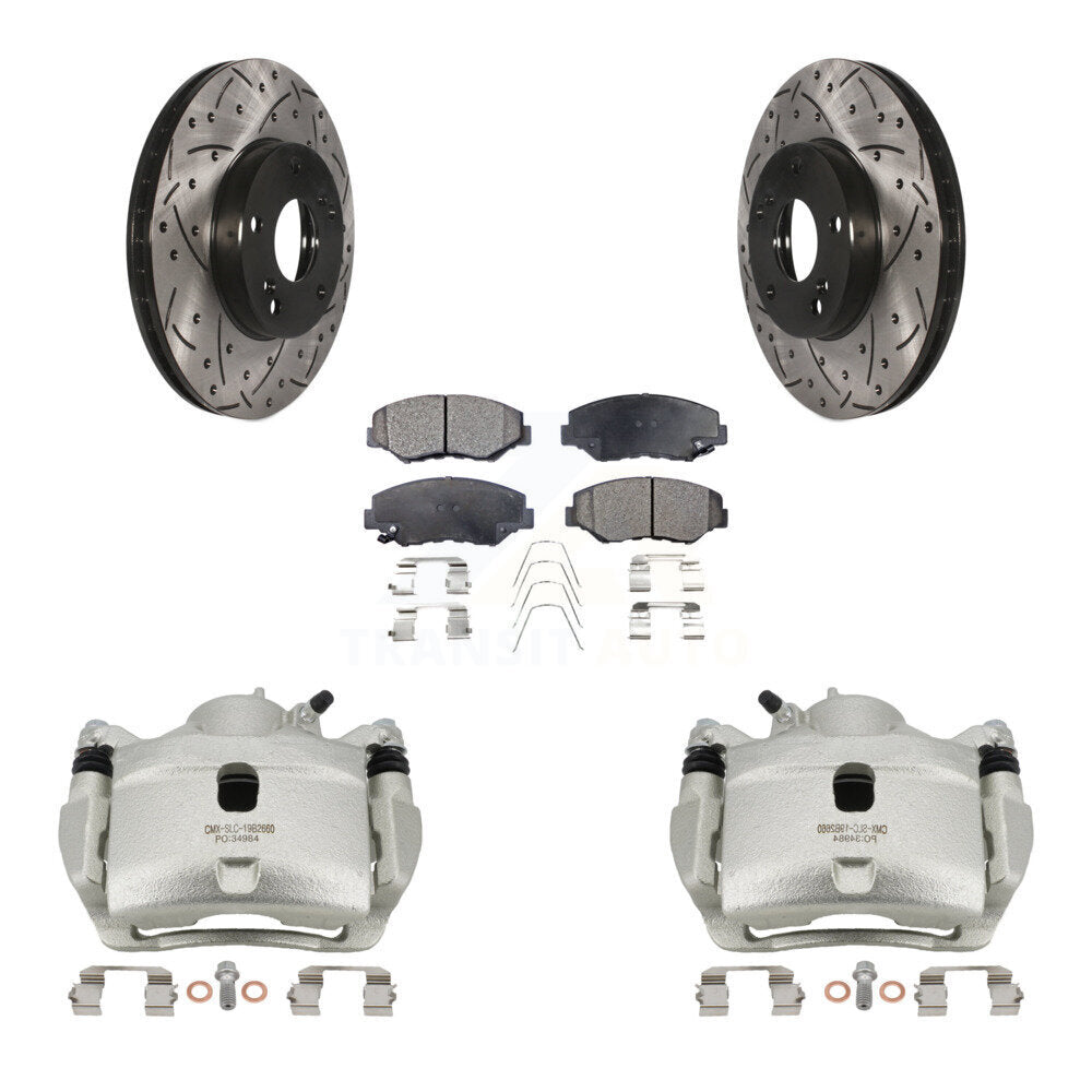 Front Brake Caliper Drill Slotted Rotor Ceramic Pad Kit For Honda Civic Accord Fit Acura KCD-100014T