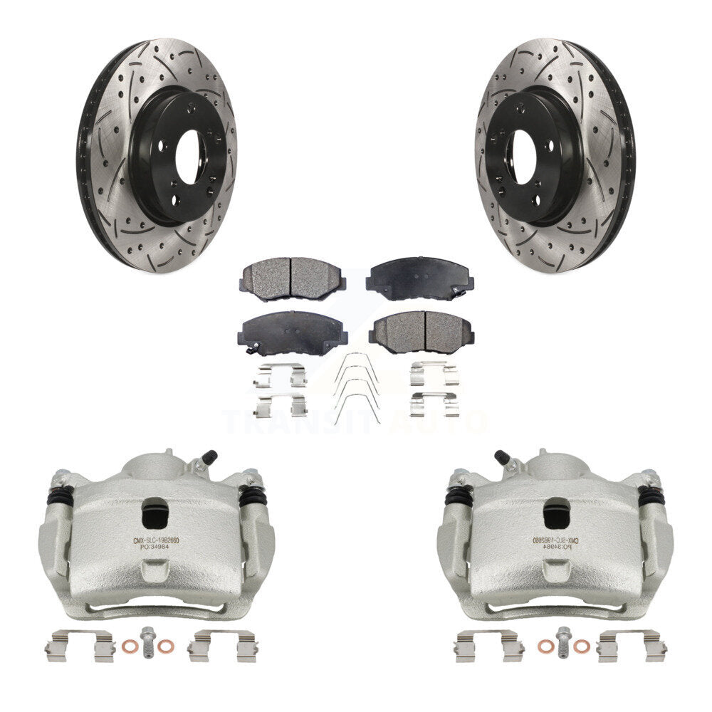 Front Disc Brake Coated Caliper Drilled Slot Rotor Semi-Metallic Pad Kit For Honda Civic KCD-100016P