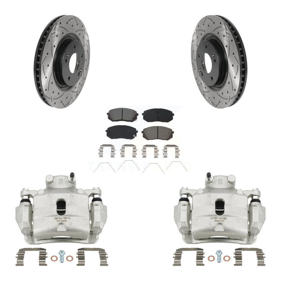 Front Brake Caliper Drill Slot Rotor Semi-Metallic Pad Kit For Hyundai Sonata Kia Optima KCD-100022S