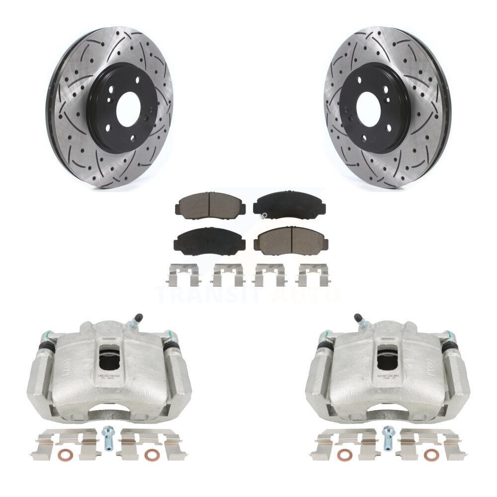 Front Disc Brake Coated Caliper Drilled Slotted Rotors And Ceramic Pads Kit For 2005-2007 Honda Accord Sedan with 3.0L GAS engine Manual transmission KCD-100024C by Transit Auto