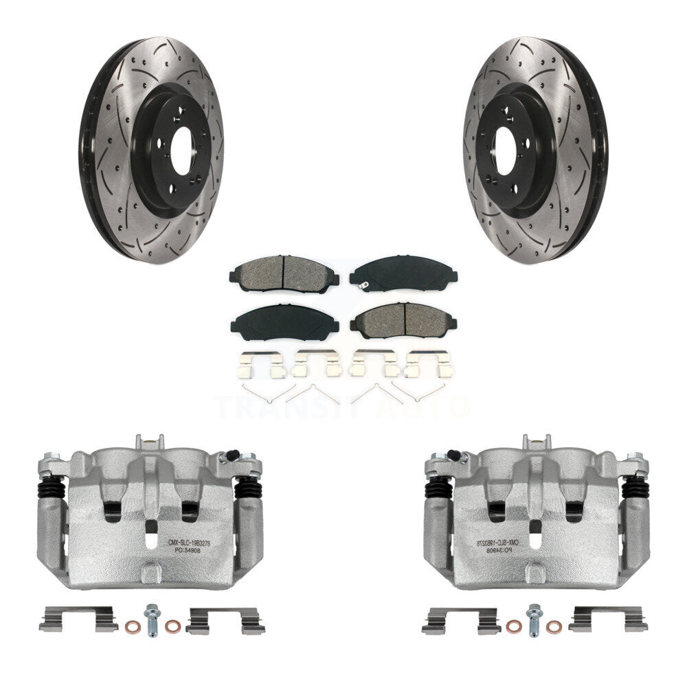Front Disc Brake Coated Caliper Drill Slot Rotor Semi-Metallic Pad Kit For Acura MDX ZDX KCD-100024S