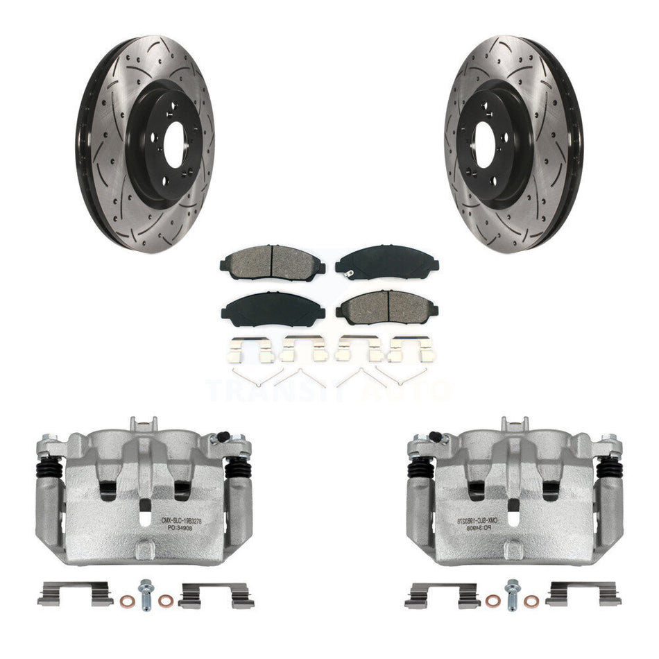 Front Disc Brake Coated Caliper Drill Slot Rotor Semi-Metallic Pad Kit For Acura MDX ZDX KCD-100024S