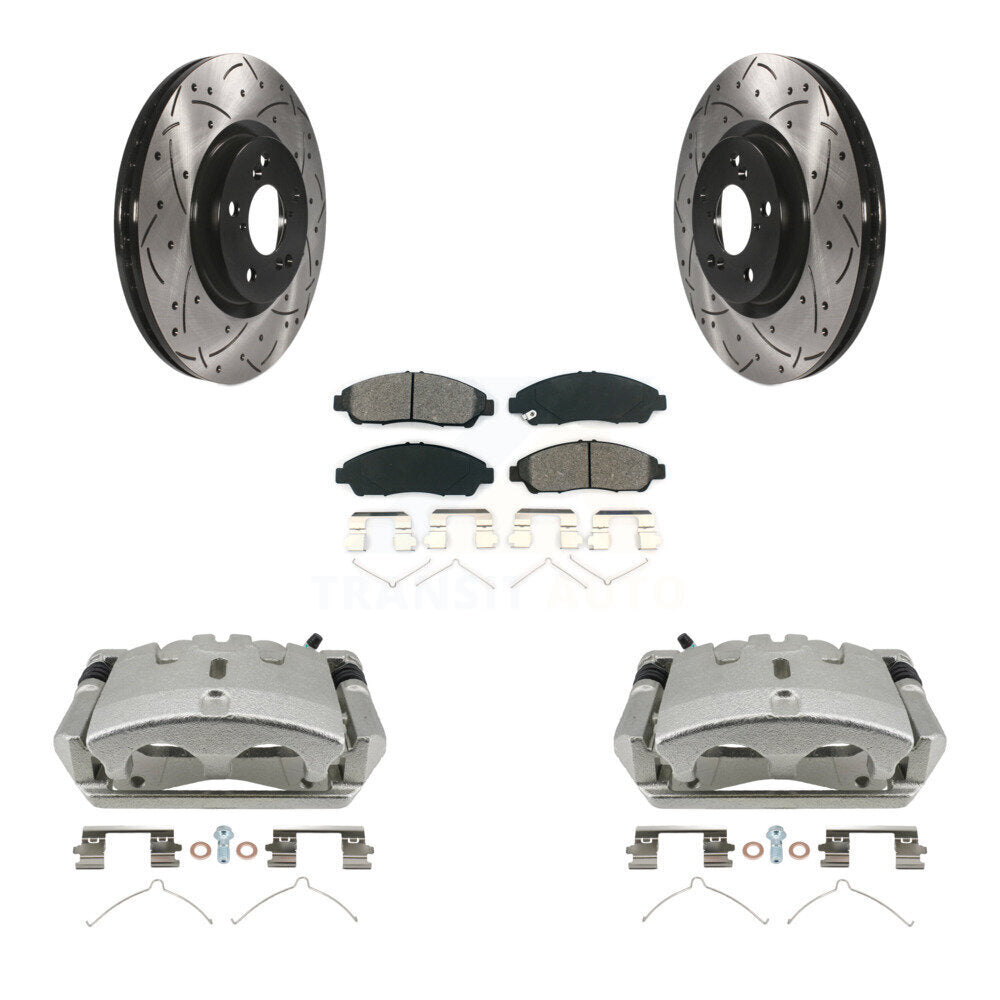 Front Brake Caliper Drill Slotted Rotors Semi-Metallic Pad Kit For 2009-2015 Honda Pilot KCD-100025S