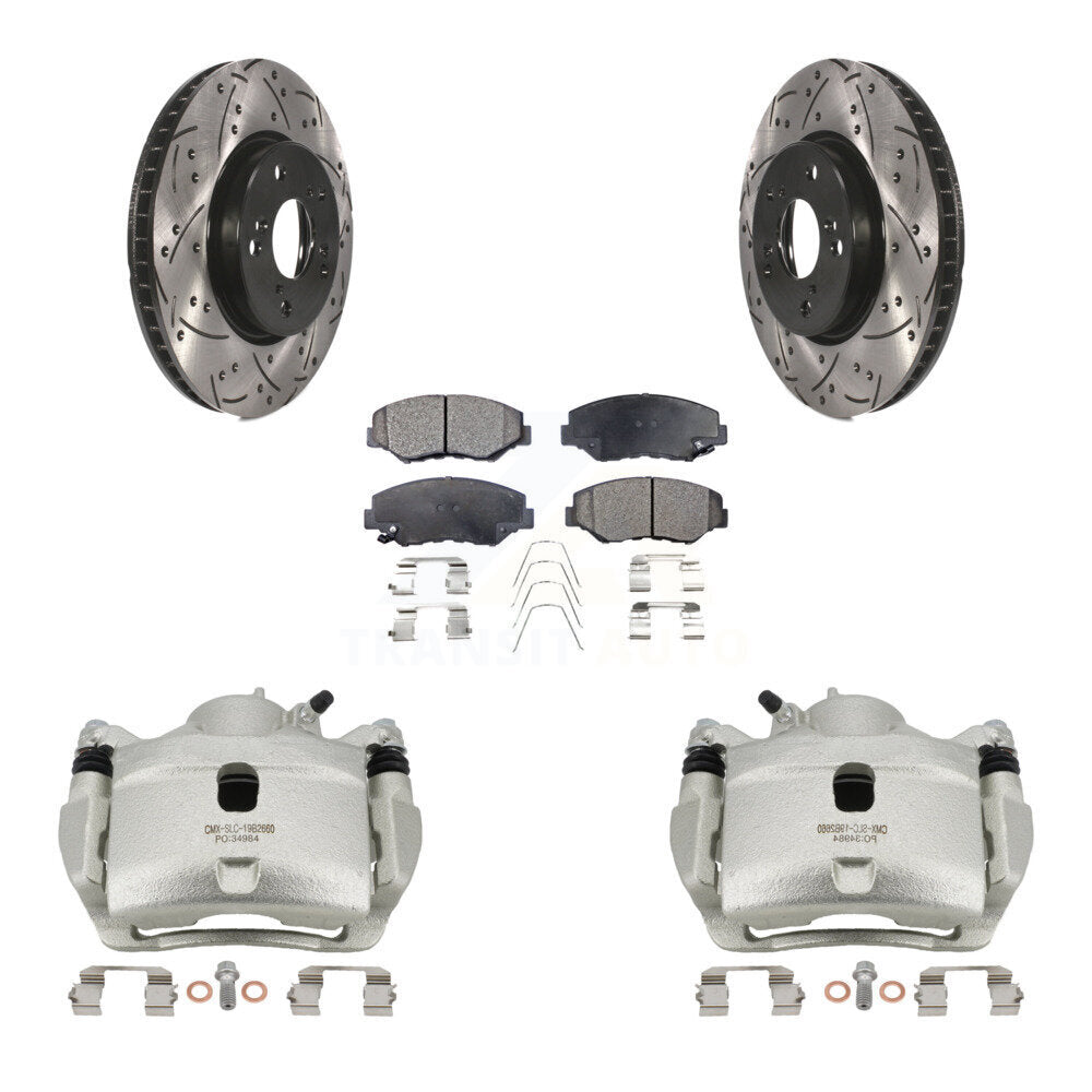 Front Disc Brake Coated Caliper Drilled Slot Rotor Semi-Metallic Pad Kit For Honda Civic KCD-100033P