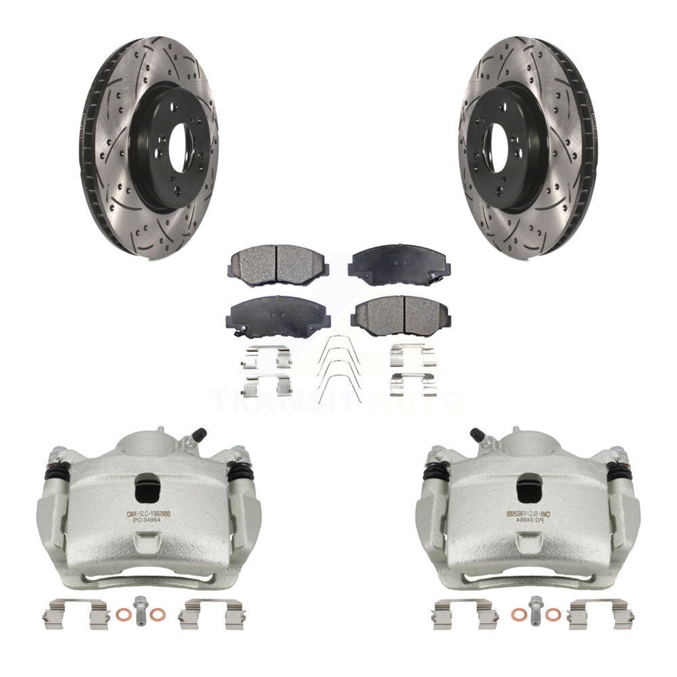 Front Disc Brake Coated Caliper Drilled Slot Rotor Semi-Metallic Pad Kit For Honda Civic KCD-100033P