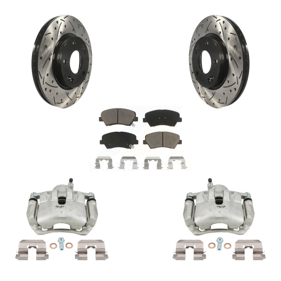 Front Brake Caliper Drill Slotted Rotor Ceramic Pad Kit For Hyundai Elantra GT Kia Forte KCD-100036C