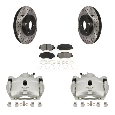 Front Brake Caliper Drill Slotted Rotor Semi-Metallic Pad Kit For Honda Civic Accord Fit KCD-100036S