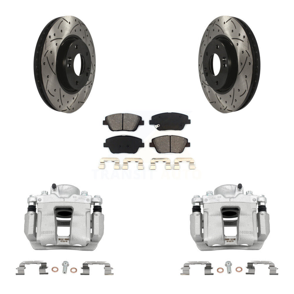 Front Brake Caliper Drill Slot Rotor Semi-Metallic Pad Kit For Hyundai Sonata Kia Optima KCD-100038S